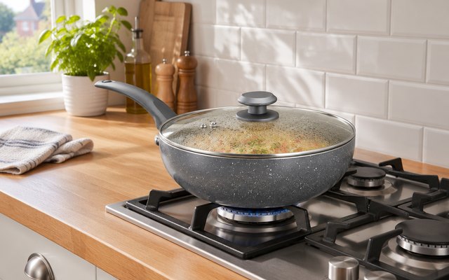 VonShef non-stick wok, on a gas hob with the lid on and steam inside, in a British kitchen