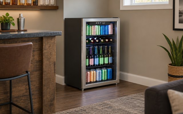 hOmeLabs beverage refrigerator, standing in the home bar corner of a finished basement