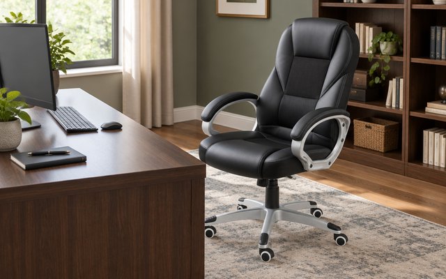 SONGMICS executive office chair, behind a dark wooden desk on a rug in a smart home study