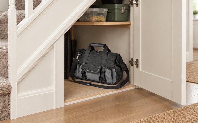 Tool bag, on the floor of the cupboard under the stairs in a British hallway