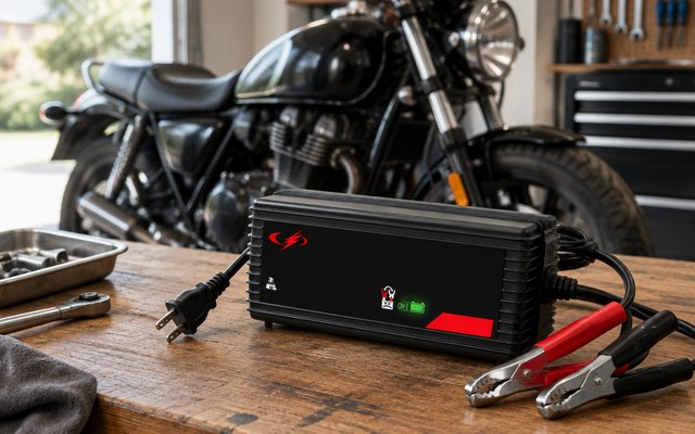 Schumacher SC1355 Battery Maintainer, on a workbench in a garage, a motorcycle behind it