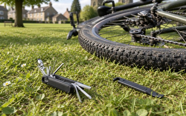 Topeak Hexus X multi-tool, on the grass beside an upturned bike on a village green