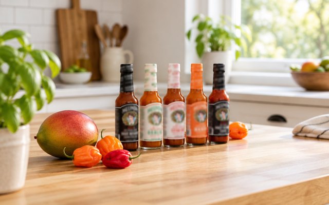 Melinda's habanero pack, five bottles with peppers and a mango