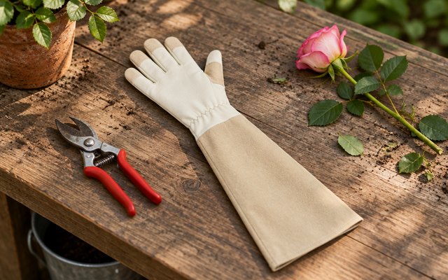 HANDLANDY rose pruning gloves, on a potting bench beside pruning shears and a cut rose