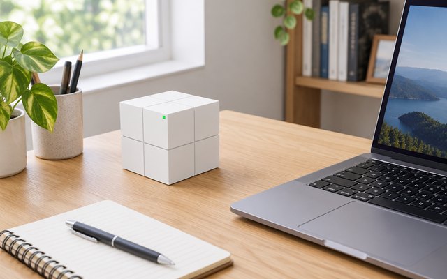 Tenda Nova MW6 mesh unit, on a home office desk beside a laptop