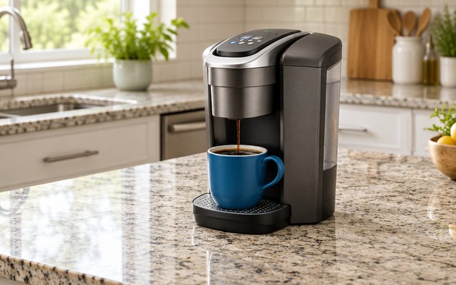 Keurig K-Elite coffee maker, on a granite countertop in a spacious kitchen beside a full mug of coffee
