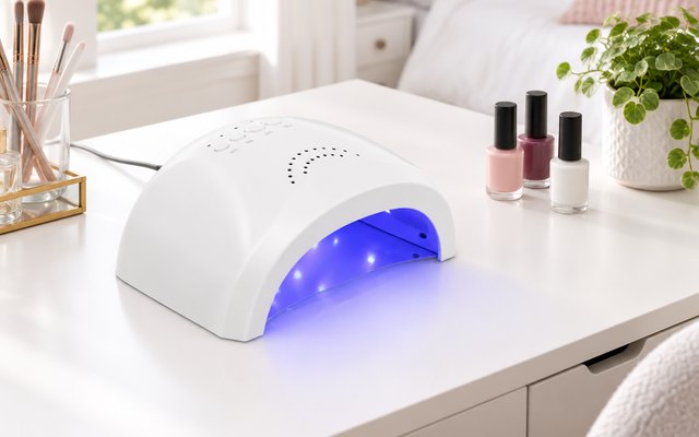 SUNUV SUNONE nail lamp, on a white vanity desk in a bright bedroom beside a few bottles of gel polish and a small plant