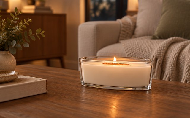 WoodWick Vanilla & Sea Salt candle, on a wooden coffee table in a cozy living room