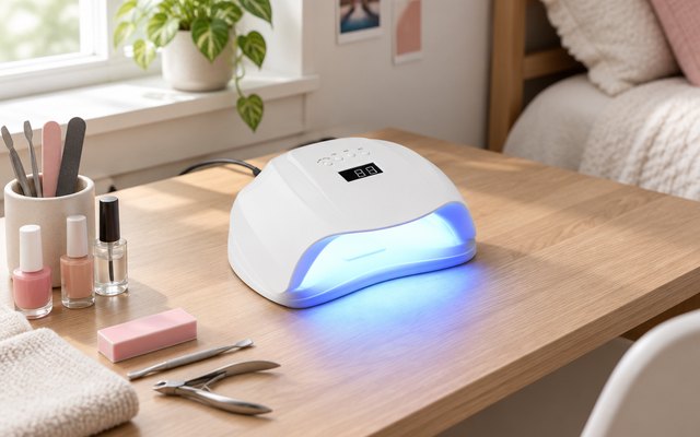 White UV LED nail lamp on a bedroom desk with a manicure kit laid out beside it