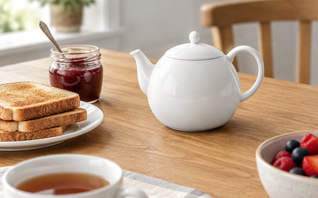 Sweese white porcelain teapot, on a breakfast table