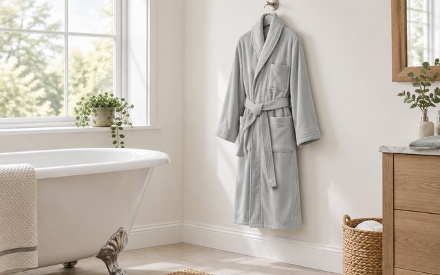 Alpine Swiss terry velour robe, hanging on a towel hook beside a clawfoot tub