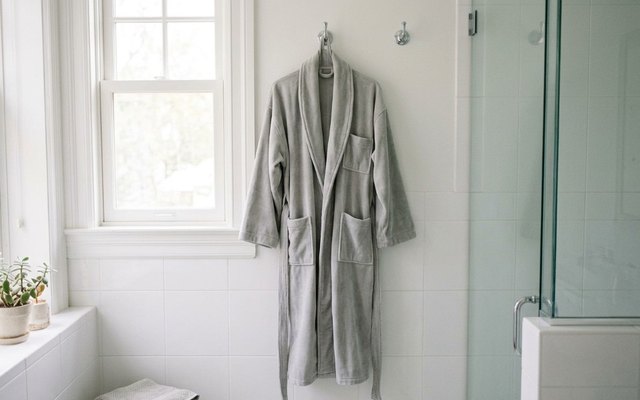 Grey velour bathrobe with a shawl collar hanging from a chrome hook in a white-tiled bathroom