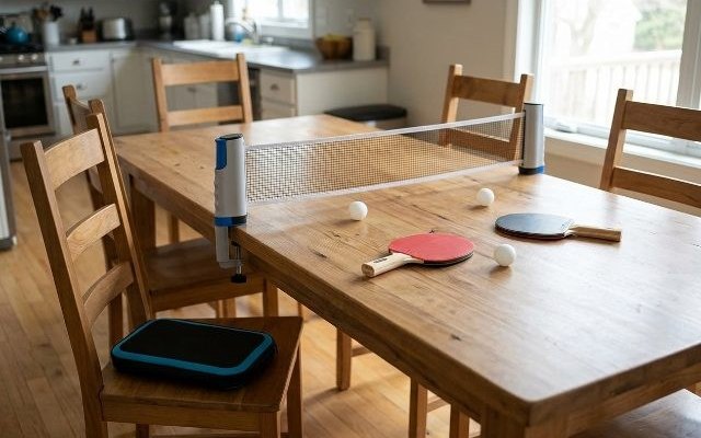 Portable ping pong set with net, clamped across a wooden kitchen table
