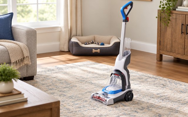Compact upright carpet cleaner on a rug in a family room, a dog bed in the corner