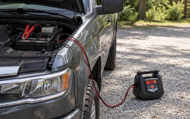 Schumacher SC1280 charger, on a gravel driveway beside a pickup truck with its hood open, the clamps on its battery