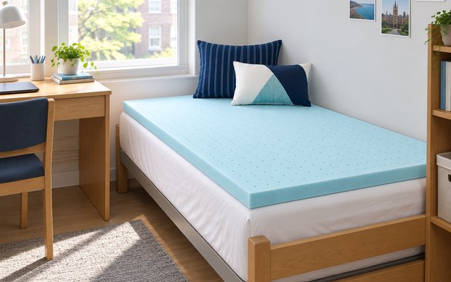 Best Price Mattress gel memory foam topper, laid on a twin bed in a tidy college dorm room with a desk and a window beside it