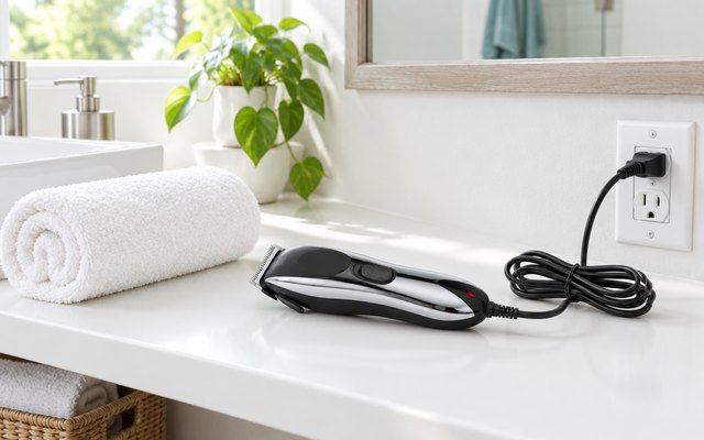 Wahl cord/cordless clipper, lying on a bathroom shelf beside a rolled white towel, its cord plugged into the wall