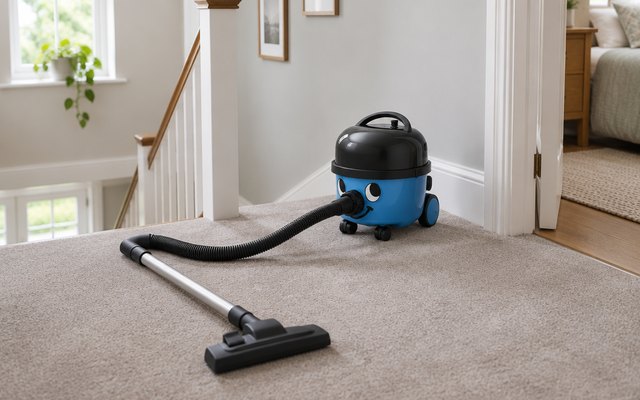 Henry cylinder vacuum, on the carpeted landing at the top of the stairs in a British home, its hose and wand lying along the carpet