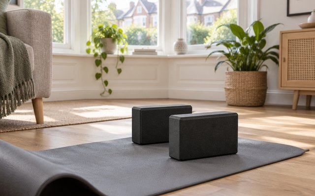 EXERZ yoga blocks, on a yoga mat in a bright British living room with a bay window