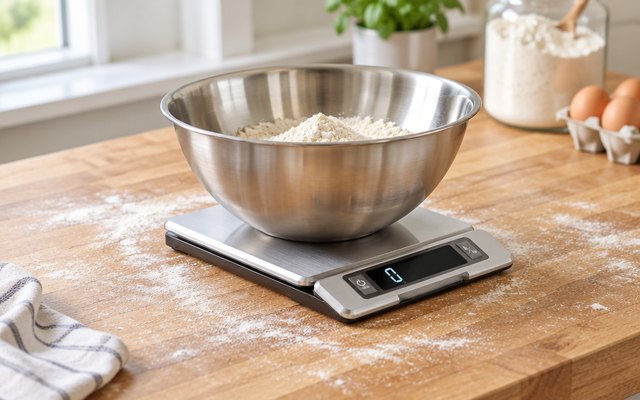 OXO 11 lb food scale, on a floured butcher-block counter