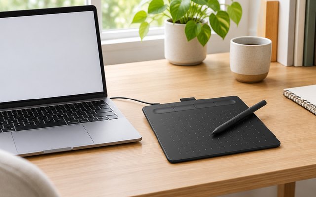 Wacom Intuos Small drawing tablet, on a desk beside a laptop with a plain screen in a bright home office