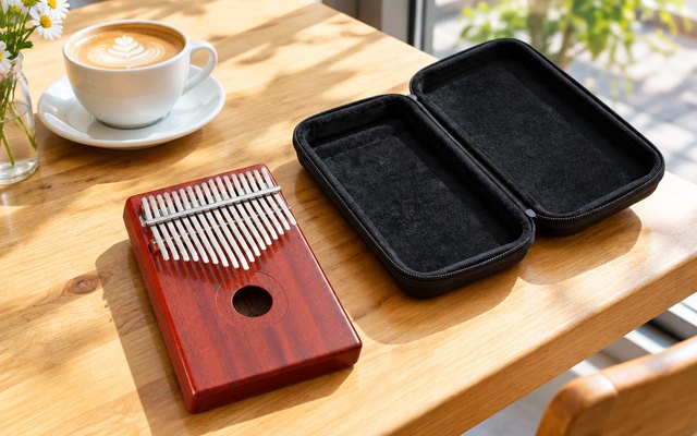 GECKO K17M kalimba with its hard case, on a café table