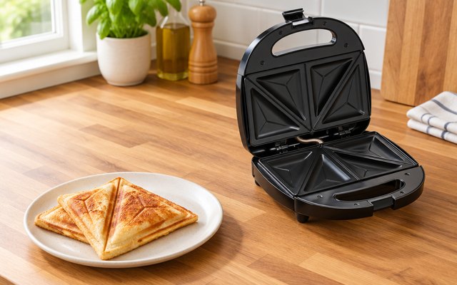 Hamilton Beach sandwich maker, open on a butcher-block counter beside a plate of toasted sealed sandwiches