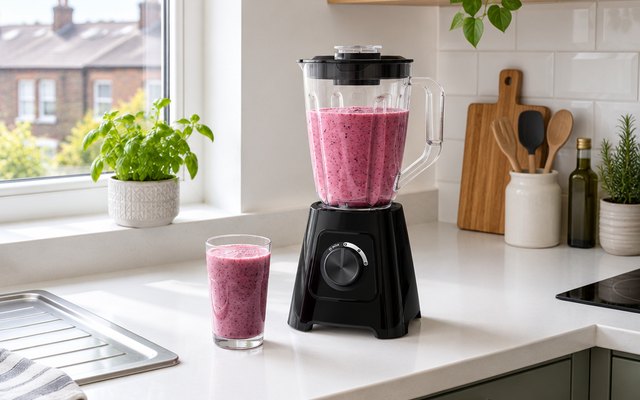 Blender, on a white worktop by the window in a small British flat kitchen, a glass of smoothie beside it