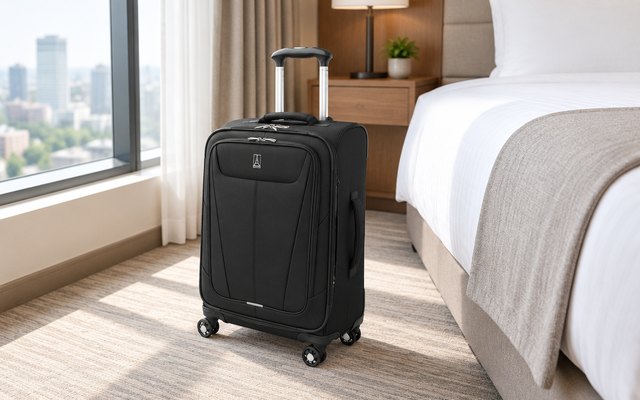 Travelpro Maxlite 5 suitcase, standing at the foot of a hotel bed by a window