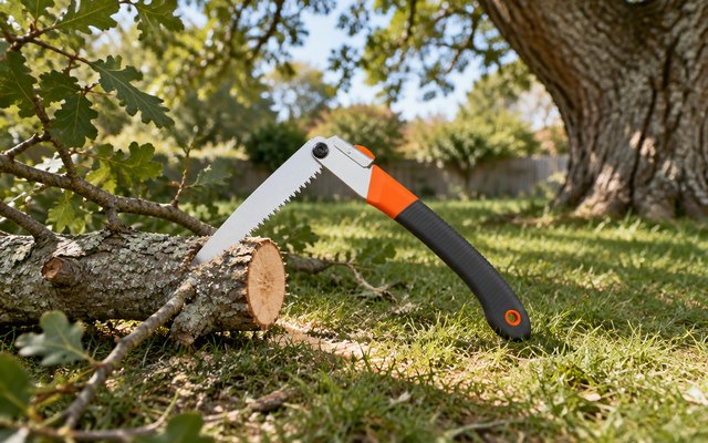 REXBETI folding saw, on a cut branch on a backyard lawn under an oak tree