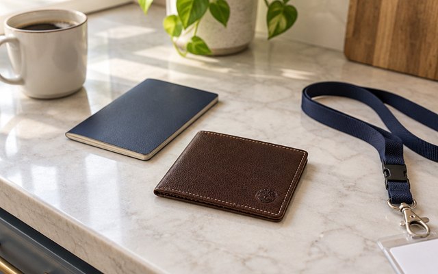 Leather passcase wallet, on a kitchen worktop beside a passport and a lanyard, ready for the morning commute