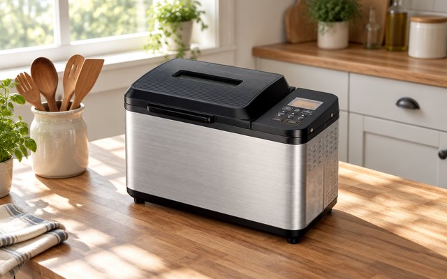 Zojirushi Virtuoso Plus bread maker, on a butcher-block kitchen island beside a crock of wooden spoons, morning sun through a window