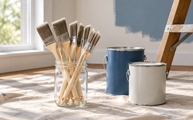 Pro Grade angle paint brush set, standing in a glass jar on a drop cloth beside two paint cans in different colors
