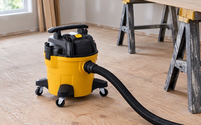 DEWALT 6-gallon wet/dry vac, on a plywood floor in a house under renovation beside a few sawhorses