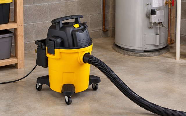 DEWALT 12-gallon wet/dry vac, on the concrete floor of a basement beside a water heater