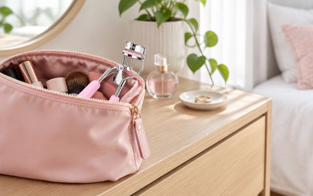 Eyelash curler, peeping from an open make-up bag on a bedroom chest of drawers