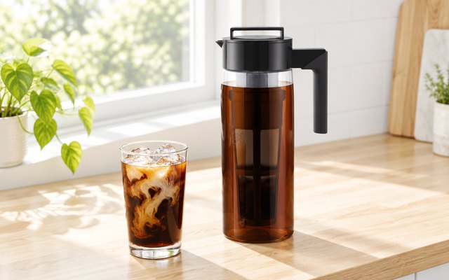 Takeya Deluxe 2 qt cold brew maker, on a sunny kitchen counter beside cold brew over ice