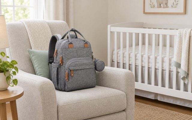 RUVALINO diaper bag backpack, sitting on a nursery armchair beside a white crib