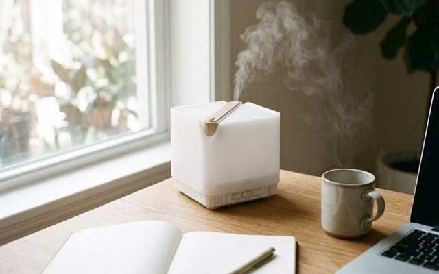 White square diffuser misting on the corner of a home office desk by a window