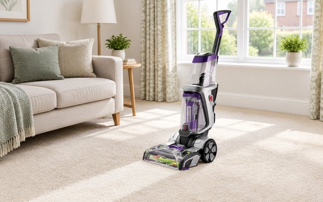 Upright carpet cleaner on a cream carpet in a bright living room