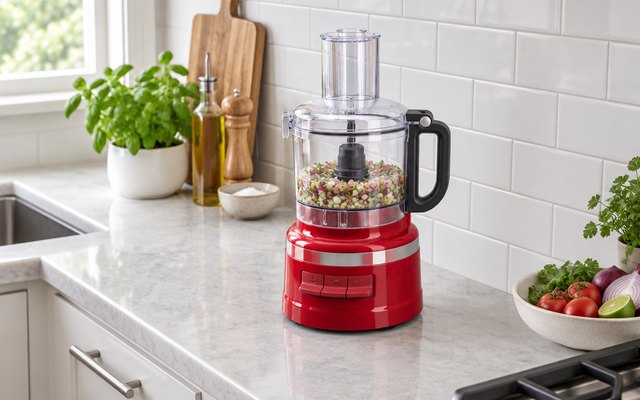 KitchenAid 7-cup food processor, on a narrow galley kitchen counter with white subway tile