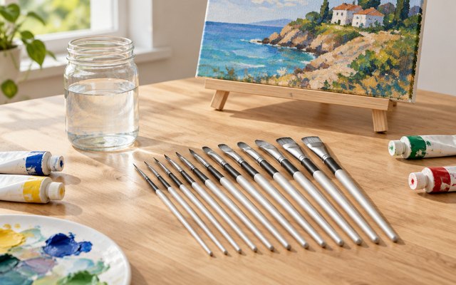 Paintbrush set, laid beside a jar of water and tubes of acrylic paint on a kitchen table, a small canvas propped behind