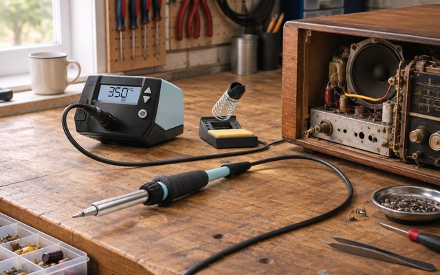 Weller soldering station, on a wooden workbench in a British garage workshop beside an old radio being repaired
