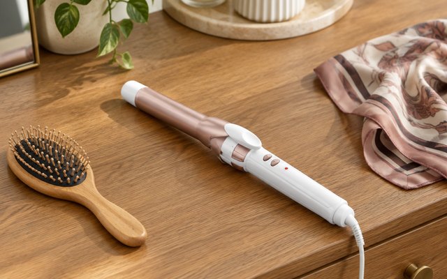 Conair Double Ceramic Curling Iron, 1 in, 1-inch clamp curling iron lying on a wooden dresser top beside a hairbrush and a folded scarf