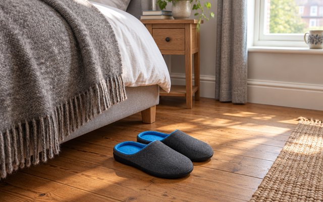 Two-tone slippers, a pair on a wooden floor at the foot of a bed