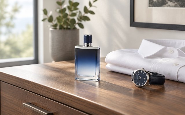 Aftershave, on a chest of drawers beside a folded white shirt and a wristwatch