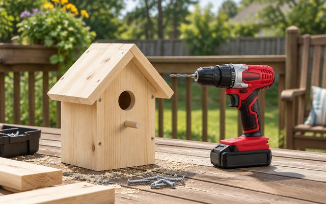 Cordless drill with battery, on a backyard deck beside a wooden birdhouse being built