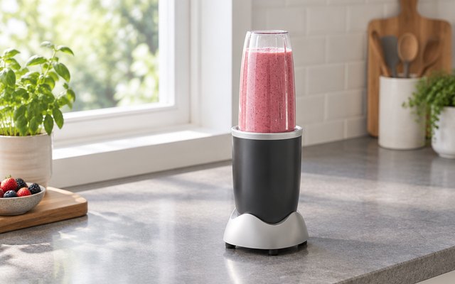 nutribullet Original personal blender, on a gray countertop by a kitchen window