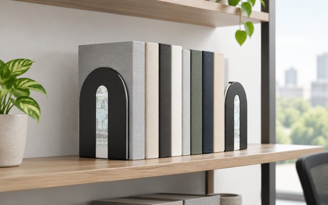 Officemate tall bookends holding binders and big books