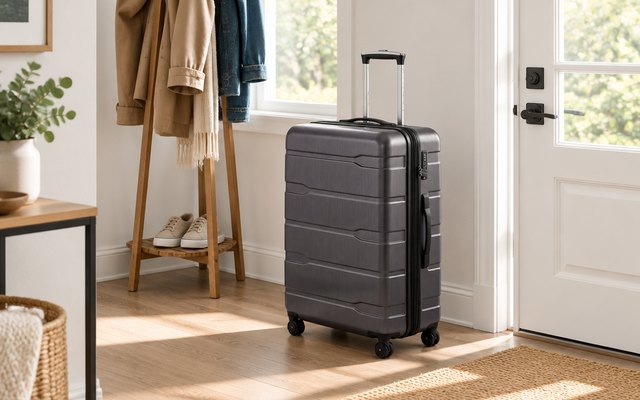 Coolife 28-inch spinner suitcase, standing by the front door of a bright home beside a coat rack